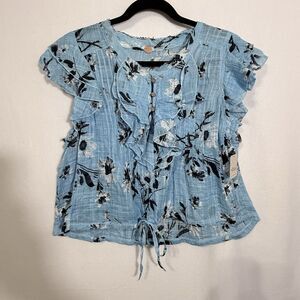 NEW Free People Blue Day Dream Floral Printed Naya Top Blouse XS Ruffle Boho